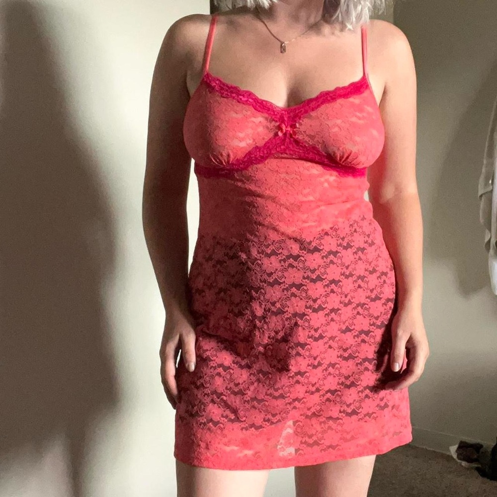 George coral and pink sheer lace lingerie slip minidress